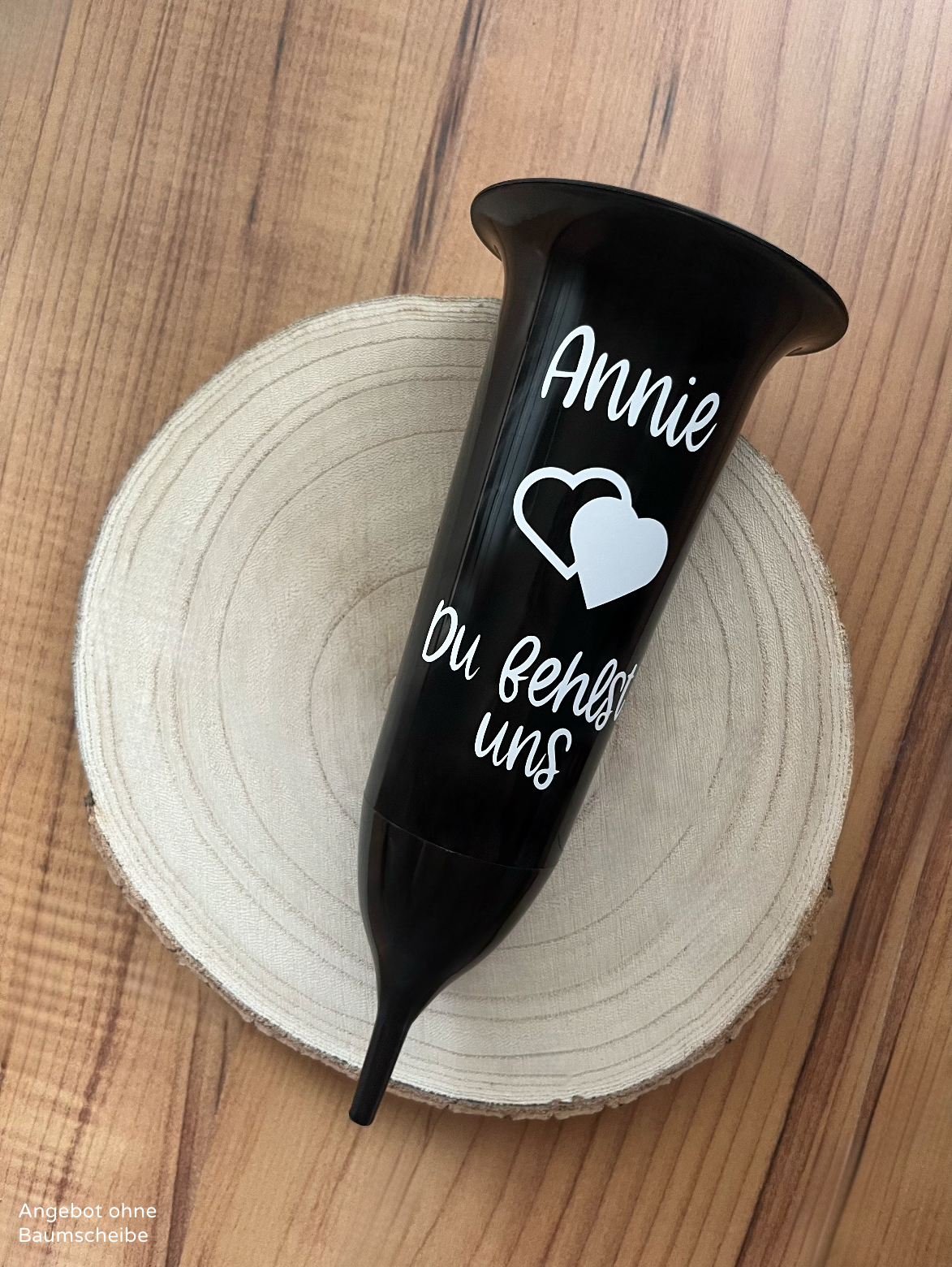 Grabvase schwarz mit Aufschrift ca. 25 x 9,8 cm mit Erdspieß
