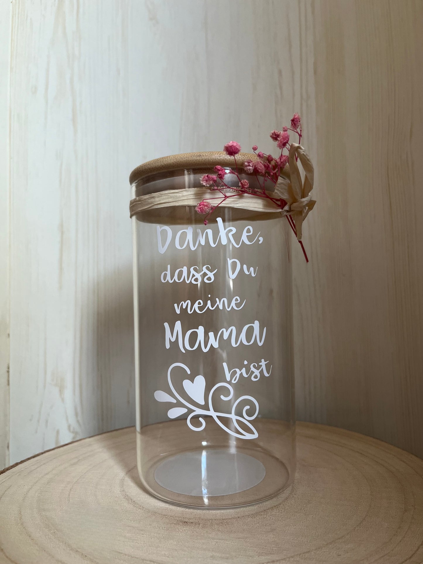 Dekorativer Glasbehälter 8,5x16 cm mit Bambusdeckel "Danke, dass Du meine..."
