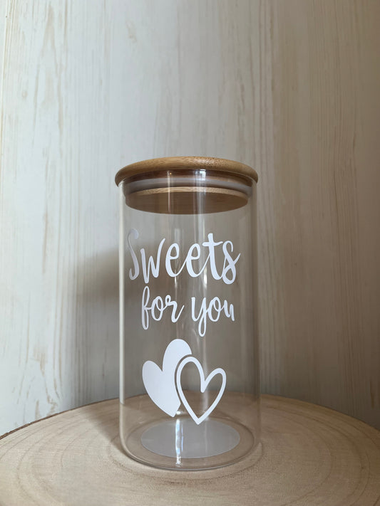 Dekorativer Glasbehälter 8,5x16 cm mit Bambusdeckel "Sweets for you"
