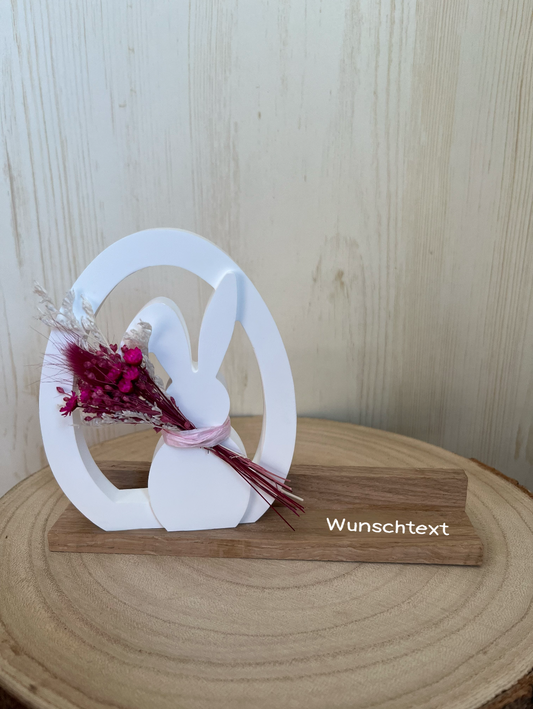 Osterei mit Hase, Blumen, Klötzchenleiste und Wunschtext
