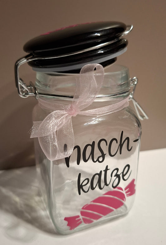 Kleines, personalisierbares Glas mit Bügelverschluss und der Aufschrift Naschkatze
