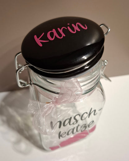 Kleines, personalisierbares Glas mit Bügelverschluss und der Aufschrift Naschkatze