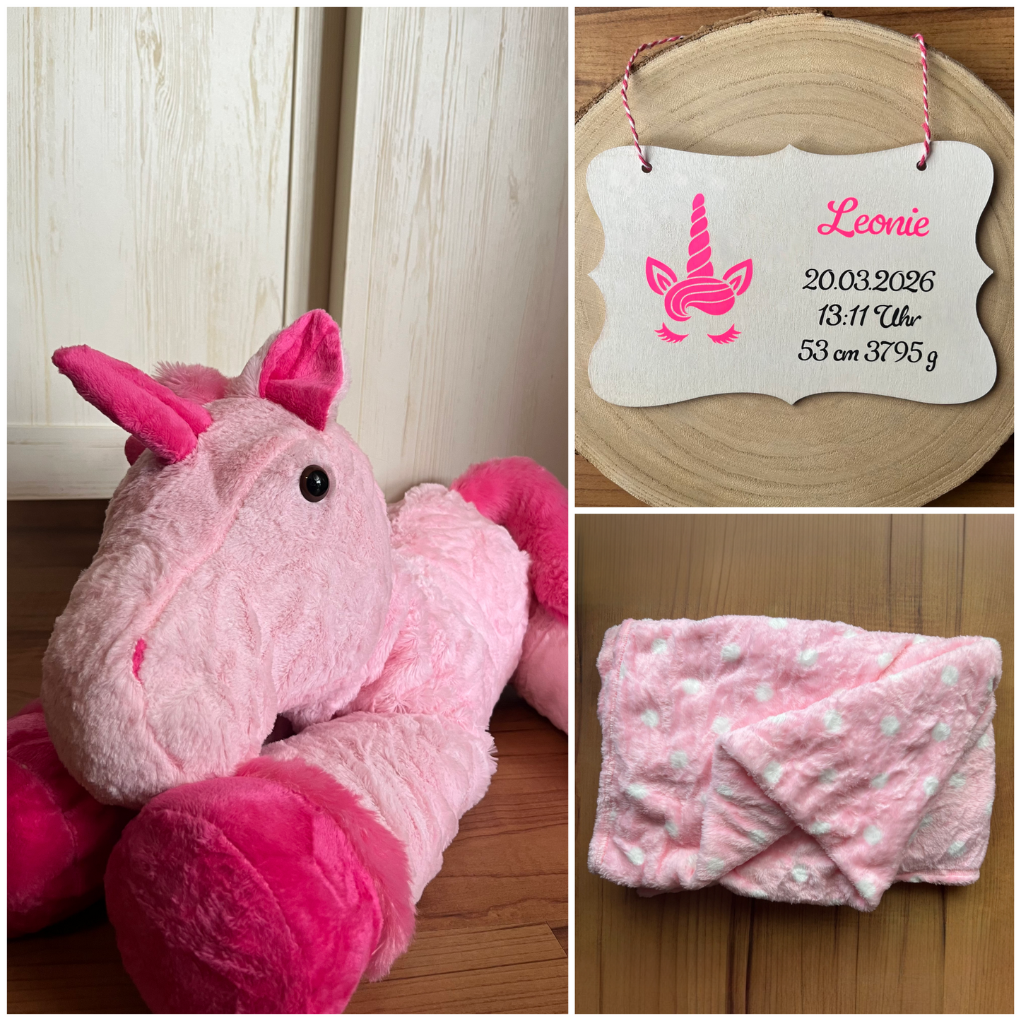 Einhorn-Kuscheltier mit Kuscheldecke und personalisiertem Schild