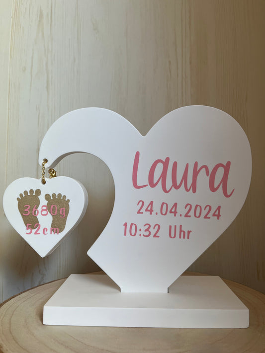Großes Herz mit Geburtsdaten pink, personalisiert