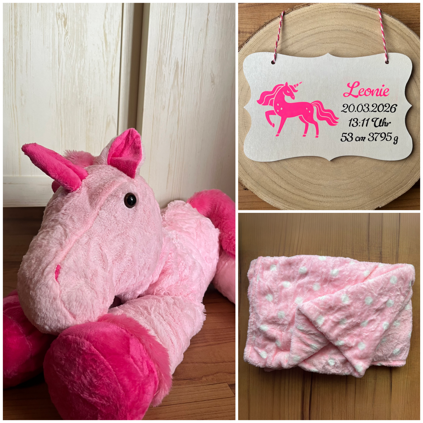 Einhorn-Kuscheltier mit Kuscheldecke und personalisiertem Schild