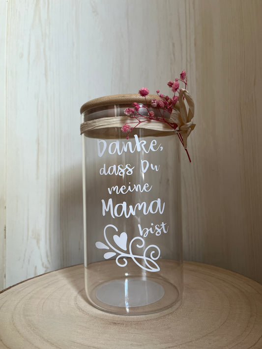 Dekorativer Glasbehälter 8,5x16 cm mit Bambusdeckel "Danke, dass Du meine..."