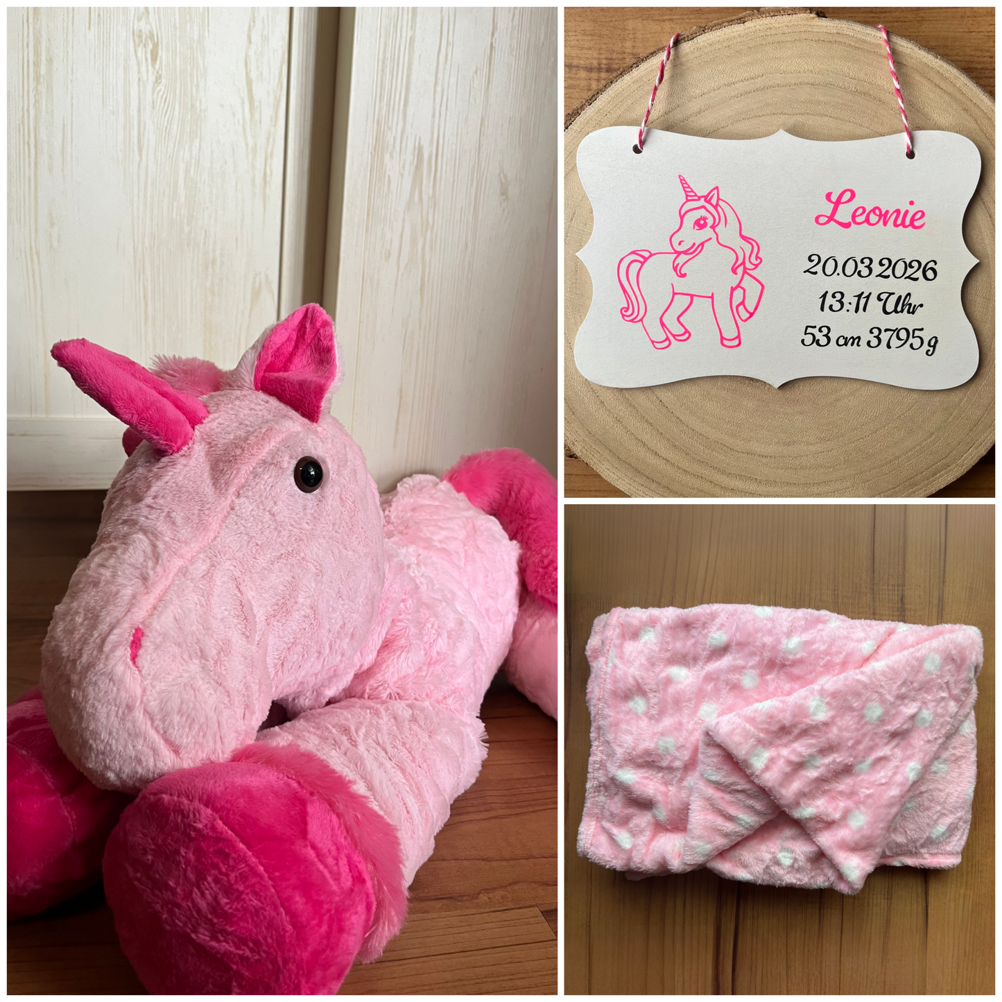 Einhorn-Kuscheltier mit Kuscheldecke und personalisiertem Schild
