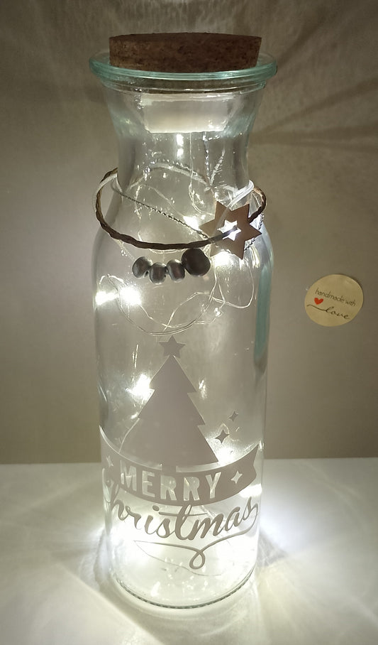 Flasche mit Korkdeckel Weihnachtsmotiv Tannenbaum beleuchtet