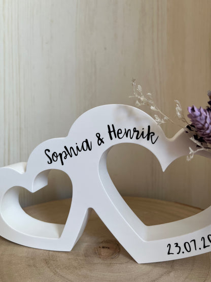 Doppelherz mit Blumen, Namen und Datum