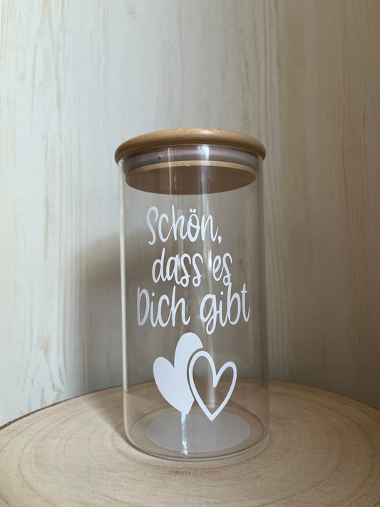 Dekorativer Glasbehälter 8,5x16 cm mit Bambusdeckel "Schön, dass es Dich gibt"