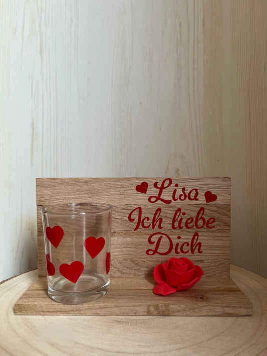 Klötzchenwand "Ich liebe Dich" mit Teelichtglas und Name in 5 Schriftfarben